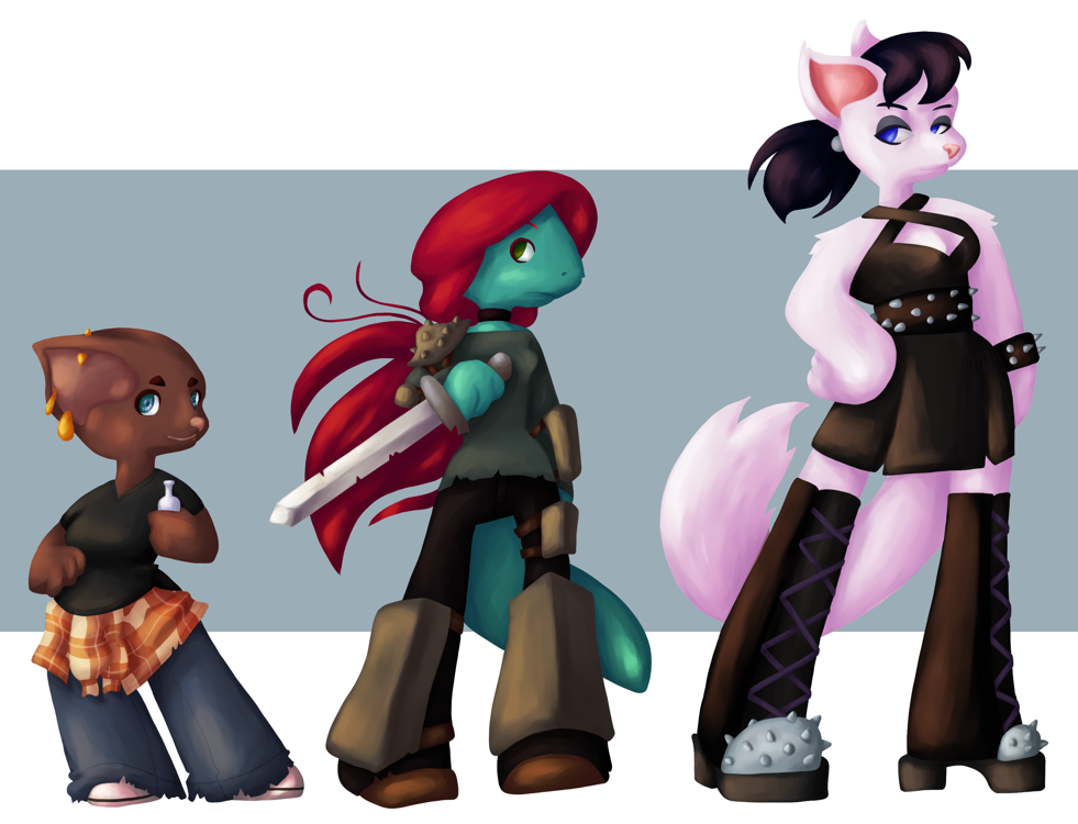 three painted cartoony drawings, from left to right are a bat, a lizard, and a cat