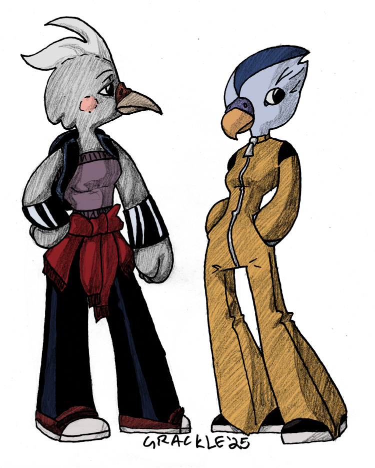 two cartoony drawings of birds, shaded in pencil and colored digitally
