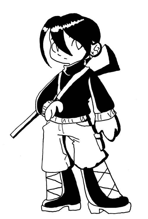 an ink drawing of a guy with a rifle on his back