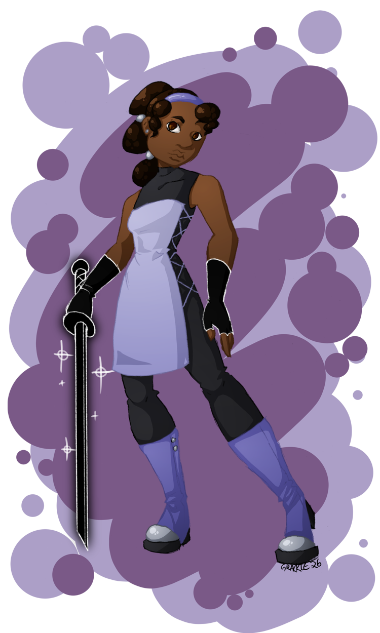 a woman in a simple strapless dress over a black bodysuit, holding a magic shadowy sword